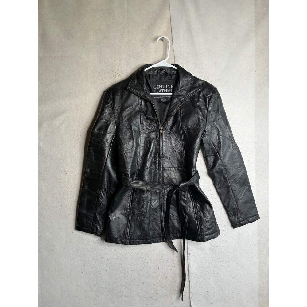 Navarre Leather Company Black Patchwork Belted Leather Jacket Women S RN 84256